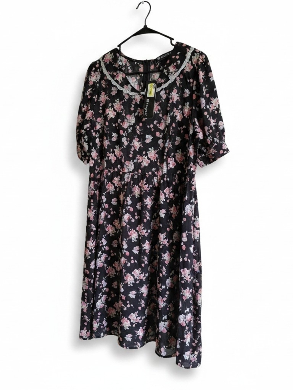 Allegra K Black Floral Midi Dress with Pink Flowers